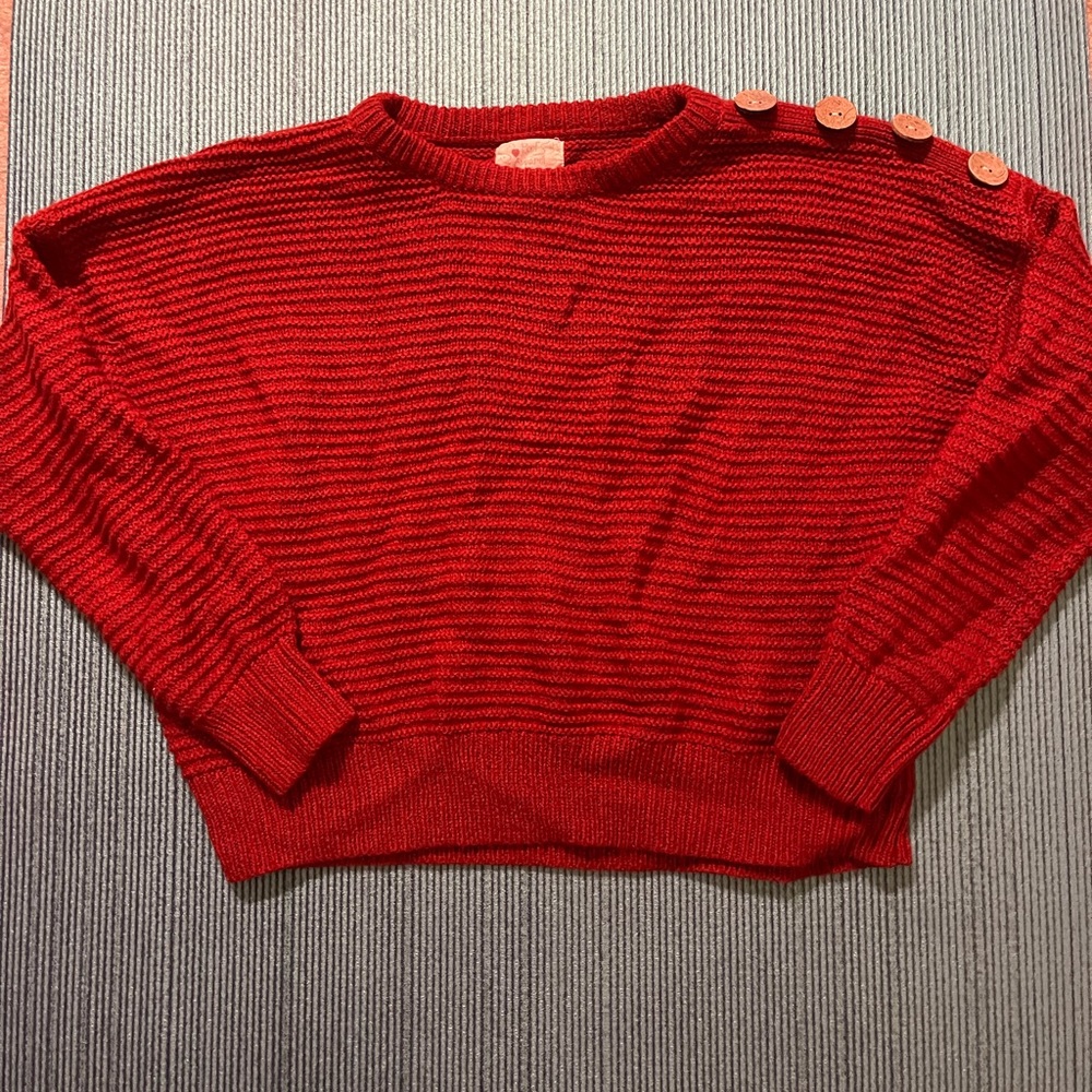 Red Crop Sweater with shoulder button accent